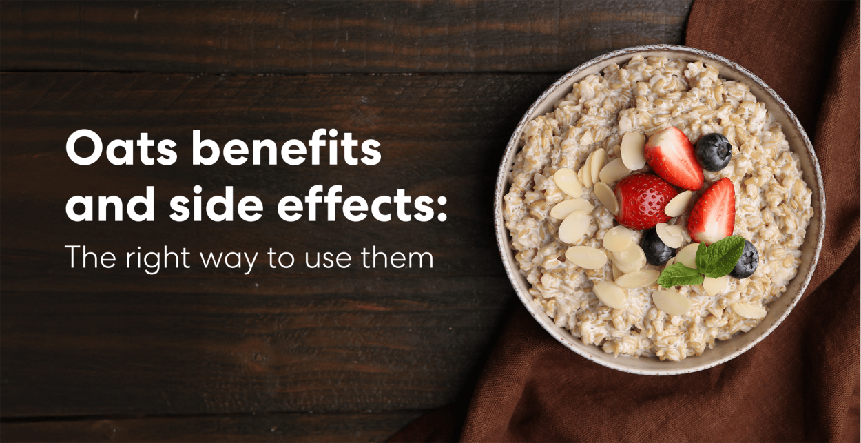 Bowl of oatmeal topped with strawberries, blueberries, almonds, and mint with text about oats benefits and side effects