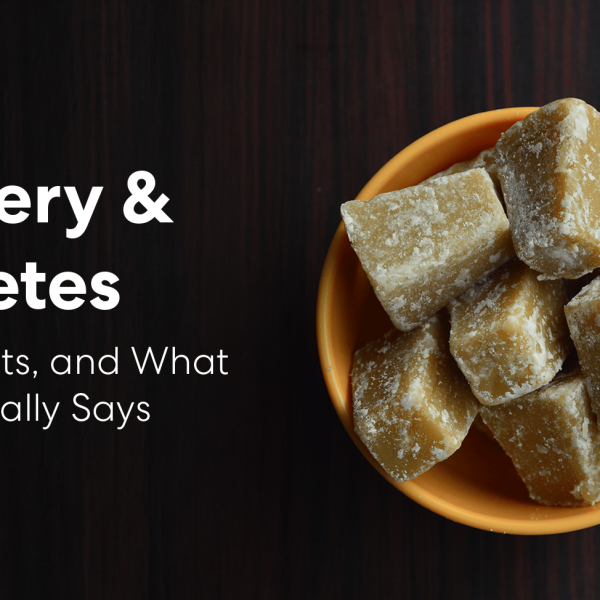 Bowl of jaggery cubes on a dark wooden background with the text “Jaggery & Diabetes: Myths, Facts, and What Science Really Says.