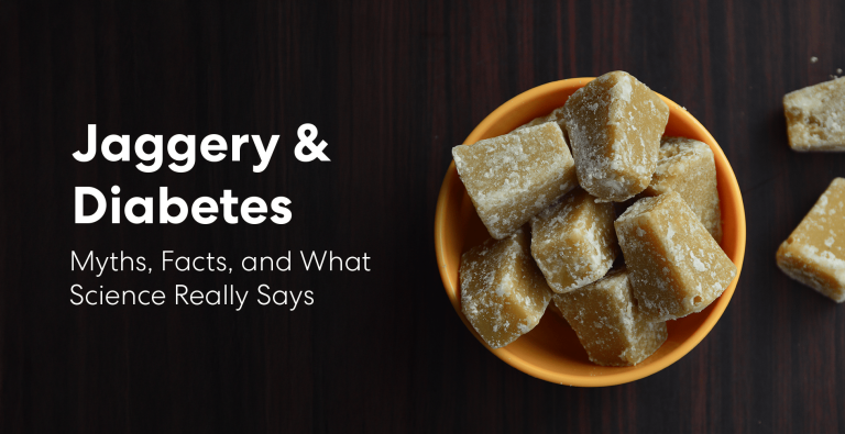 Bowl of jaggery cubes on a dark wooden background with the text “Jaggery & Diabetes: Myths, Facts, and What Science Really Says.