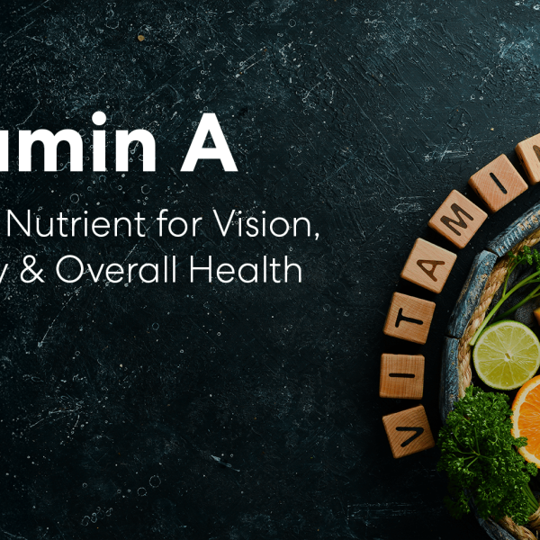 Vitamin A concept image with foods like carrots, cheese, milk, and citrus fruits representing nutrition for vision and immunity.
