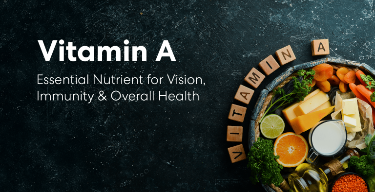 Vitamin A concept image with foods like carrots, cheese, milk, and citrus fruits representing nutrition for vision and immunity.