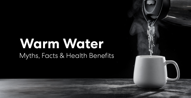 Warm water being poured from a kettle into a white mug with steam rising, alongside the text “Warm Water: Myths, Facts & Health Benefits” on a dark background.
